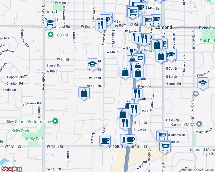 map of restaurants, bars, coffee shops, grocery stores, and more near 137 West 10th Place in Edmond