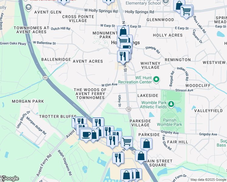 map of restaurants, bars, coffee shops, grocery stores, and more near 201 West Elm Avenue in Holly Springs