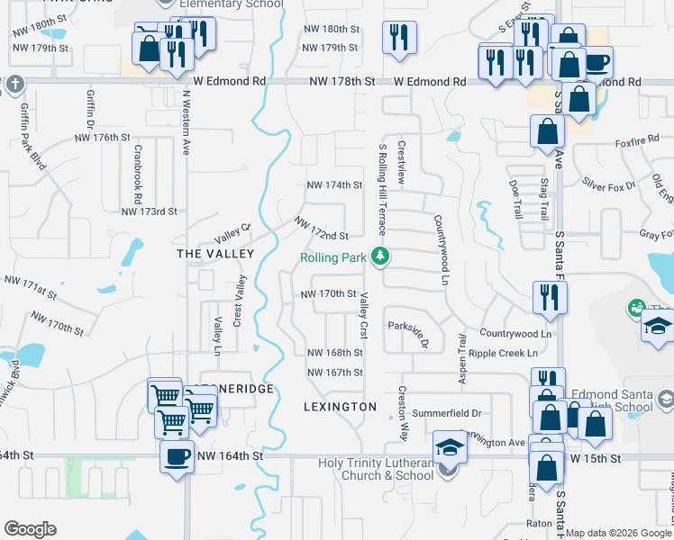 map of restaurants, bars, coffee shops, grocery stores, and more near 512 Northwest 172nd Place in Edmond