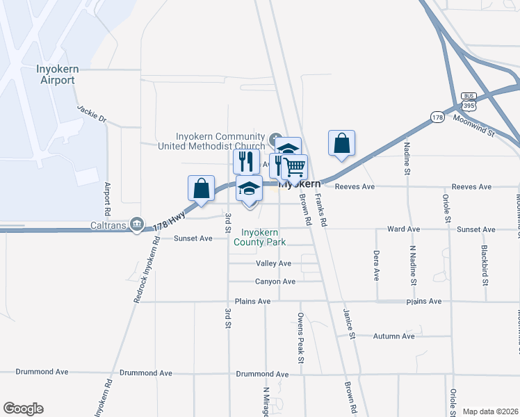 map of restaurants, bars, coffee shops, grocery stores, and more near 6601 Locust Avenue in Inyokern