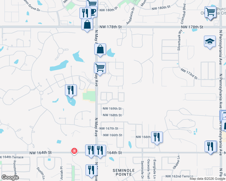 map of restaurants, bars, coffee shops, grocery stores, and more near 2804 Northwest 171st Street in Edmond