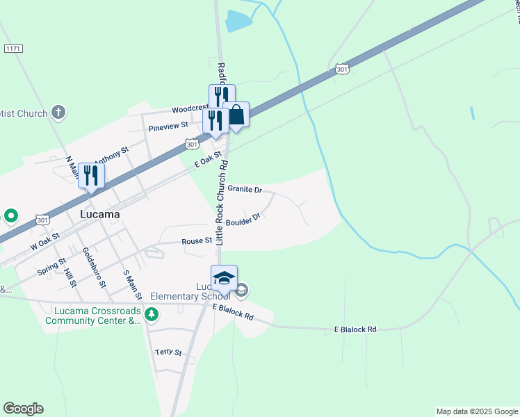 map of restaurants, bars, coffee shops, grocery stores, and more near 111 Boulder Drive in Lucama