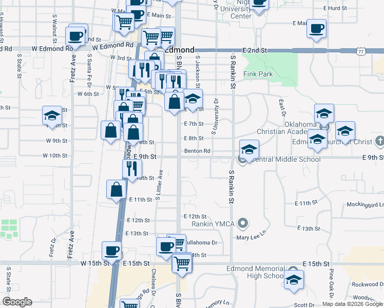 map of restaurants, bars, coffee shops, grocery stores, and more near 213 Benton Road in Edmond