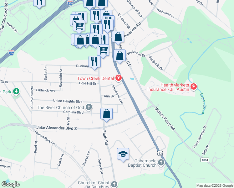map of restaurants, bars, coffee shops, grocery stores, and more near 201 Ann Street in Salisbury
