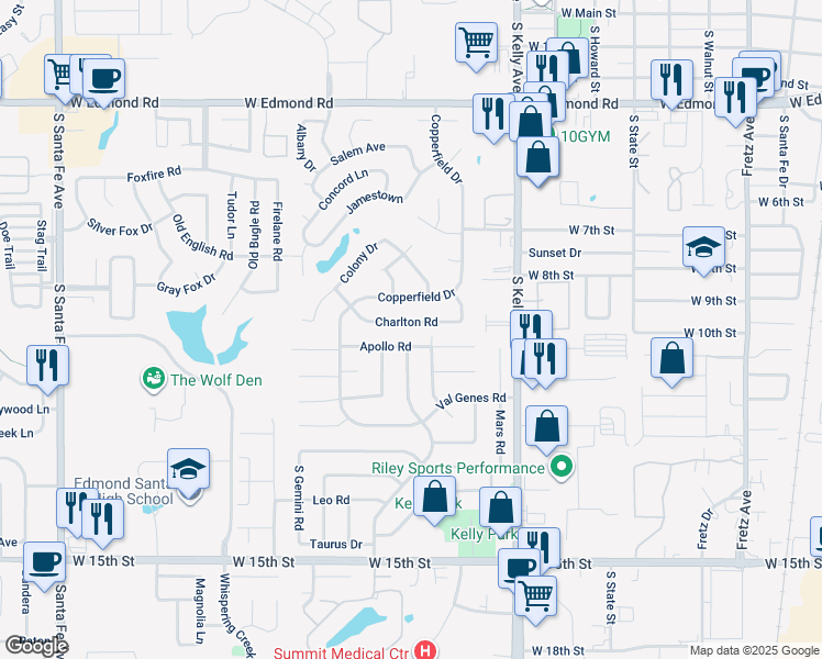 map of restaurants, bars, coffee shops, grocery stores, and more near 1201 Charlton Road in Edmond