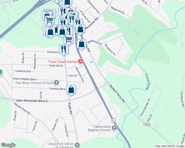 map of restaurants, bars, coffee shops, grocery stores, and more near East Innes Street in Granite Quarry