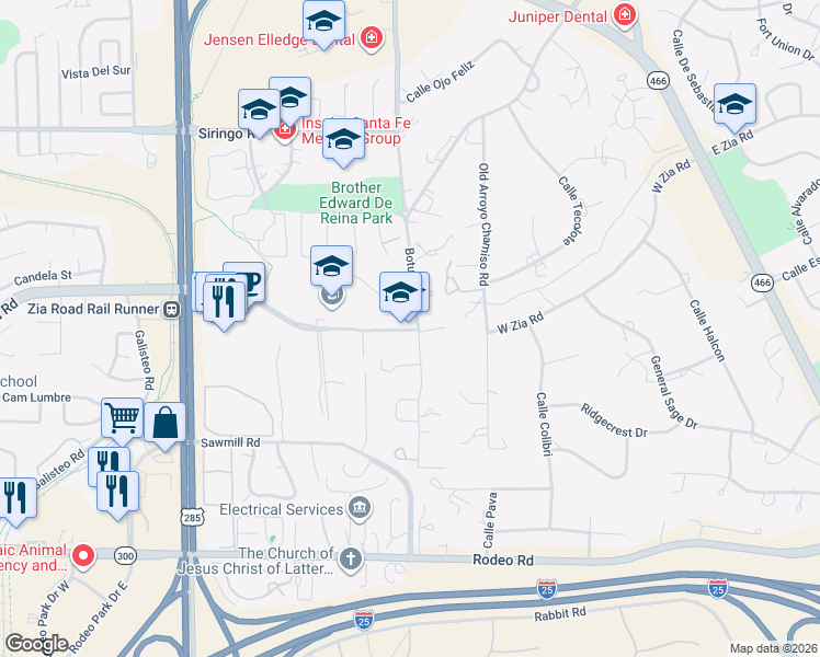 map of restaurants, bars, coffee shops, grocery stores, and more near 310 West Zia Road in Santa Fe
