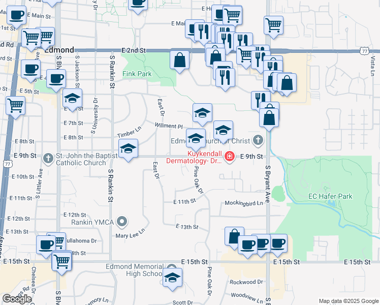 map of restaurants, bars, coffee shops, grocery stores, and more near 835 East 9th Street in Edmond
