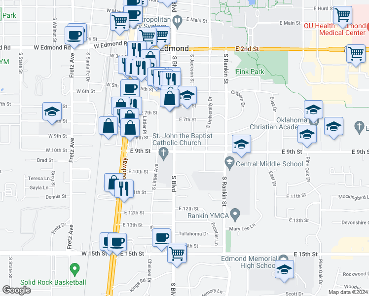 map of restaurants, bars, coffee shops, grocery stores, and more near 218 Benton Road in Edmond