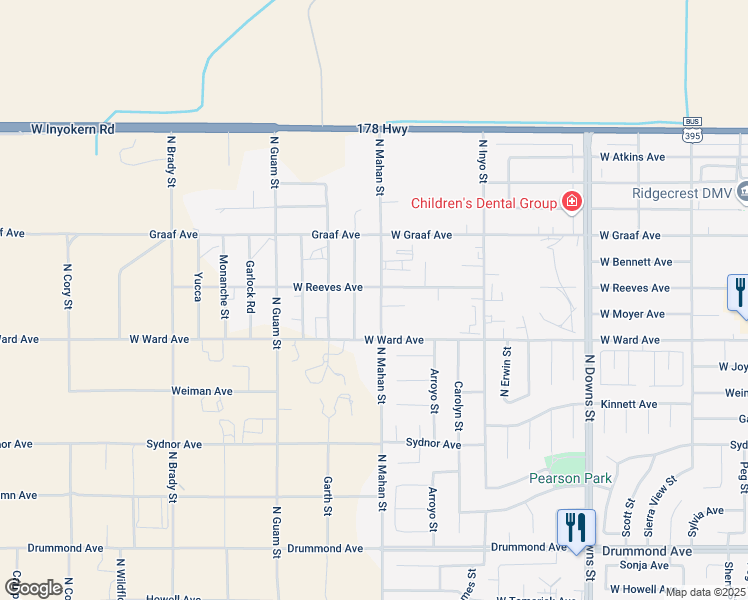 map of restaurants, bars, coffee shops, grocery stores, and more near 1317 West Reeves Avenue in Ridgecrest