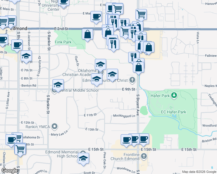 map of restaurants, bars, coffee shops, grocery stores, and more near 1131 East 9th Street in Edmond
