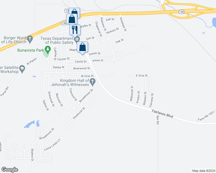 map of restaurants, bars, coffee shops, grocery stores, and more near 32 Adobe Trail in Borger