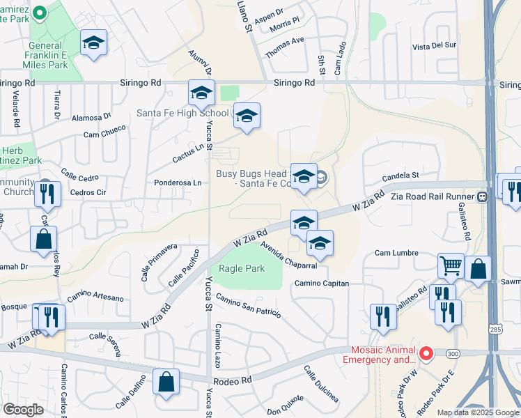 map of restaurants, bars, coffee shops, grocery stores, and more near 2501 West Zia Road in Santa Fe