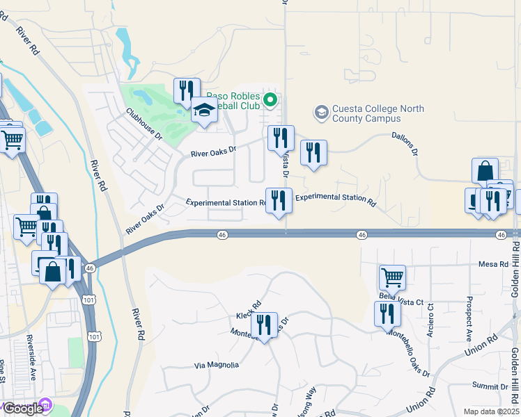 map of restaurants, bars, coffee shops, grocery stores, and more near 1014 Experimental Station Road in Paso Robles