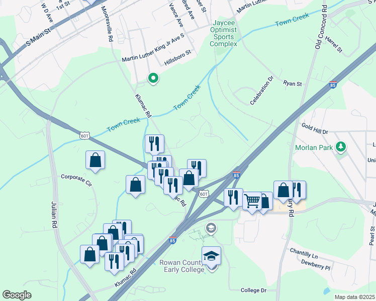 map of restaurants, bars, coffee shops, grocery stores, and more near 820 Klumac Road in Salisbury