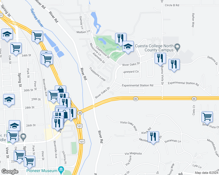 map of restaurants, bars, coffee shops, grocery stores, and more near 572 River Oaks Drive in Paso Robles