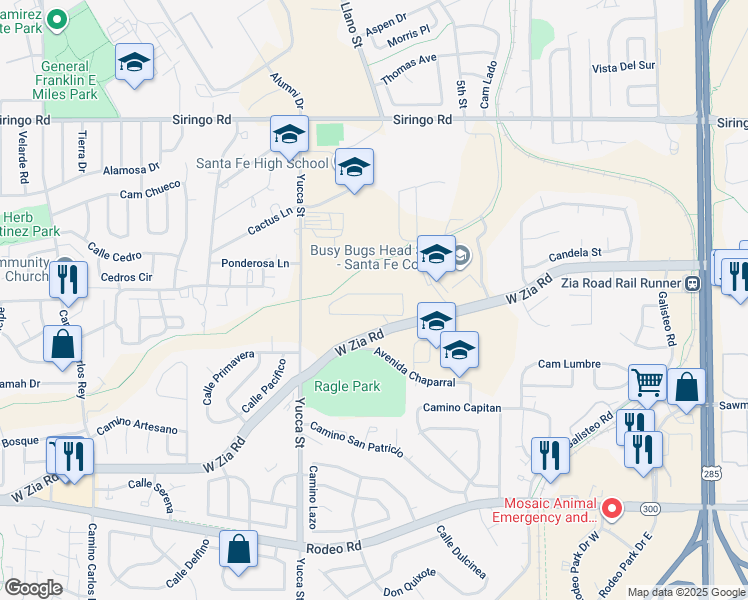 map of restaurants, bars, coffee shops, grocery stores, and more near 2501 West Zia Road in Santa Fe