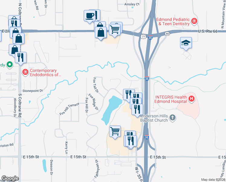 map of restaurants, bars, coffee shops, grocery stores, and more near 800 Fox Lake Ln in Edmond