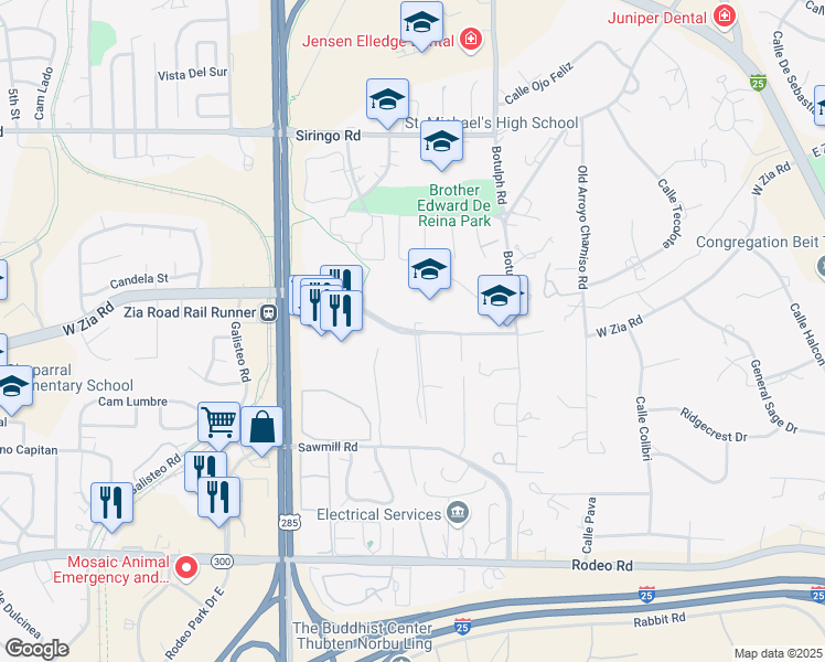 map of restaurants, bars, coffee shops, grocery stores, and more near 351 West Zia Road in Santa Fe