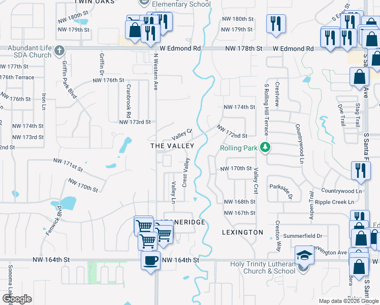 map of restaurants, bars, coffee shops, grocery stores, and more near 17212 Crest Valley in Edmond