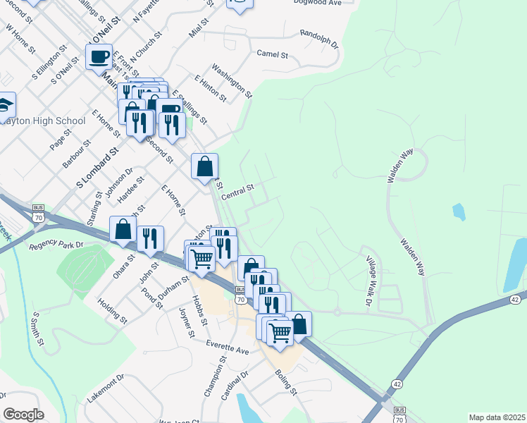 map of restaurants, bars, coffee shops, grocery stores, and more near 300 Mill Street in Clayton