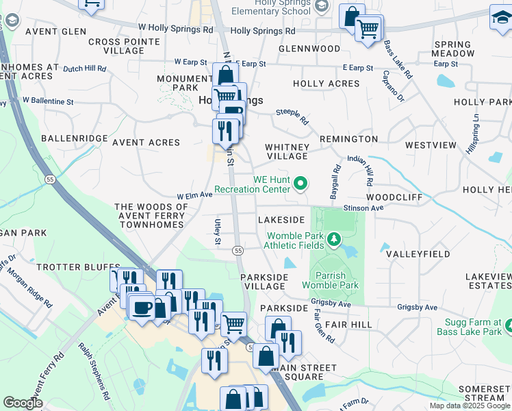 map of restaurants, bars, coffee shops, grocery stores, and more near 508 Grigsby Avenue in Holly Springs