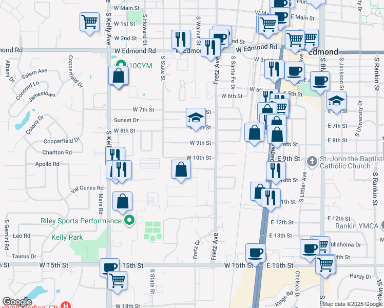 map of restaurants, bars, coffee shops, grocery stores, and more near 321 West 10th Street in Edmond