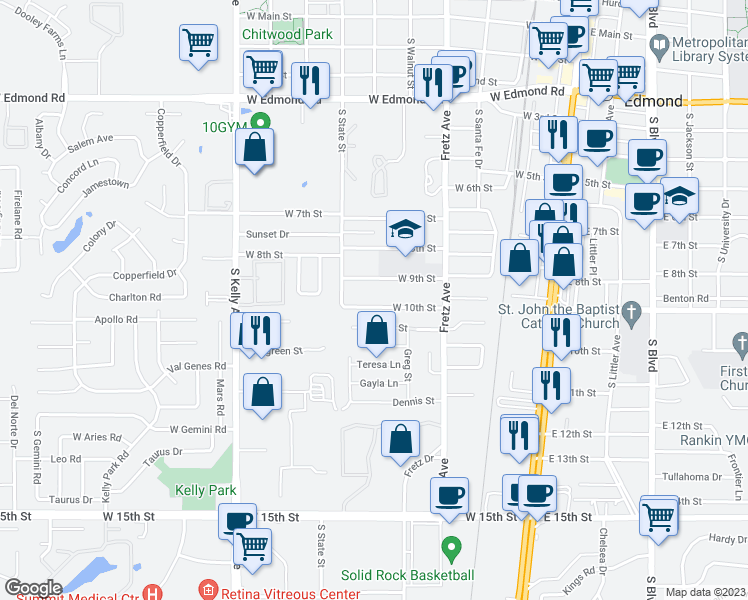 map of restaurants, bars, coffee shops, grocery stores, and more near 405 West 10th Street in Edmond