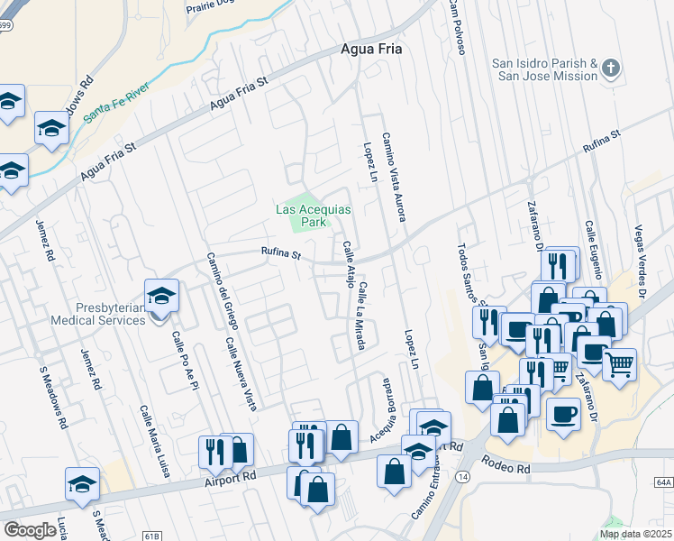 map of restaurants, bars, coffee shops, grocery stores, and more near 4309 Calle Andrew in Santa Fe
