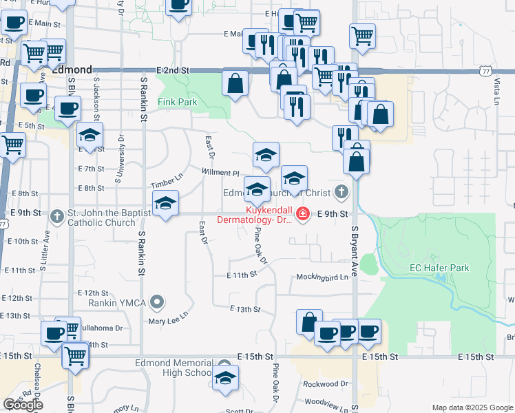 map of restaurants, bars, coffee shops, grocery stores, and more near 835 East 9th Street in Edmond