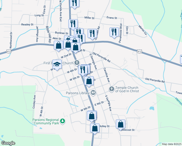 map of restaurants, bars, coffee shops, grocery stores, and more near 88 East 5th Street in Parsons