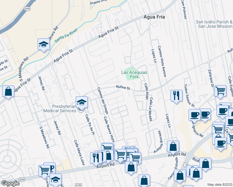 map of restaurants, bars, coffee shops, grocery stores, and more near 5228 Joshua Lane in Santa Fe