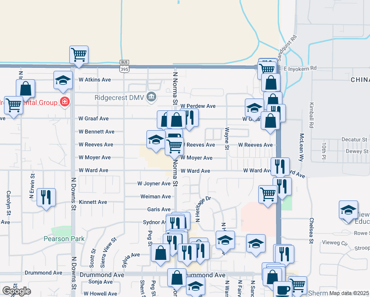 map of restaurants, bars, coffee shops, grocery stores, and more near 431 West Reeves Avenue in Ridgecrest