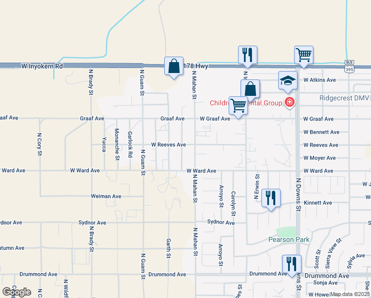 map of restaurants, bars, coffee shops, grocery stores, and more near 1317 West Reeves Avenue in Ridgecrest