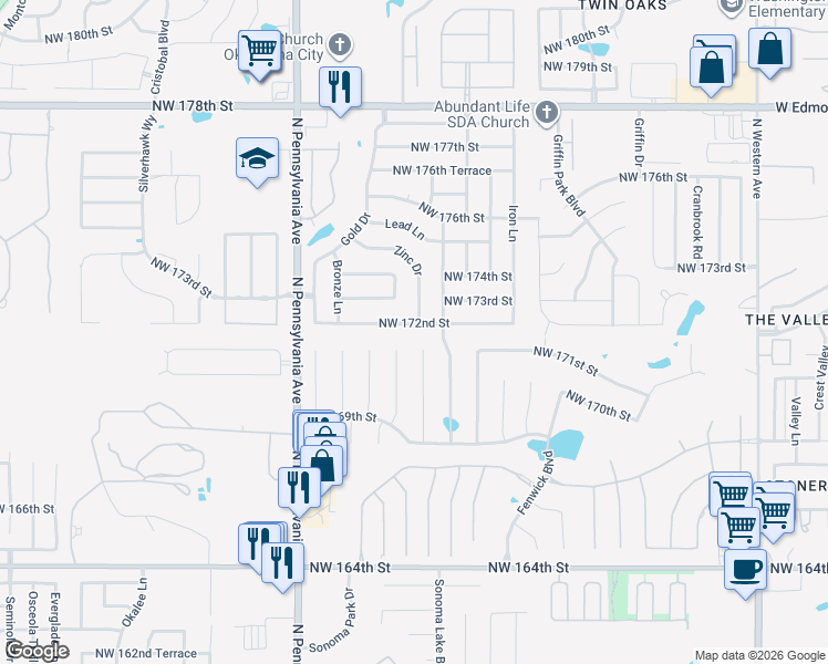 map of restaurants, bars, coffee shops, grocery stores, and more near 1836 Northwest 172nd Street in Edmond