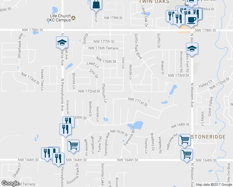 map of restaurants, bars, coffee shops, grocery stores, and more near 1716 Northwest 172nd Street in Edmond