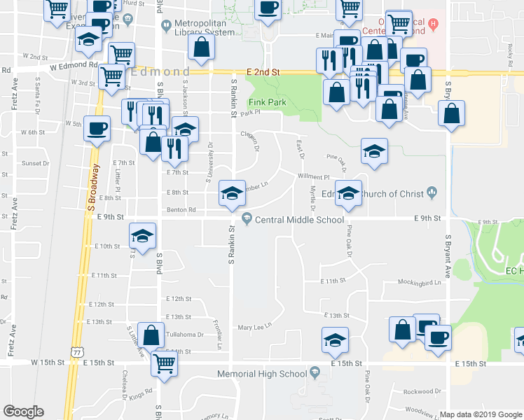 map of restaurants, bars, coffee shops, grocery stores, and more near 520 Benton Road in Edmond