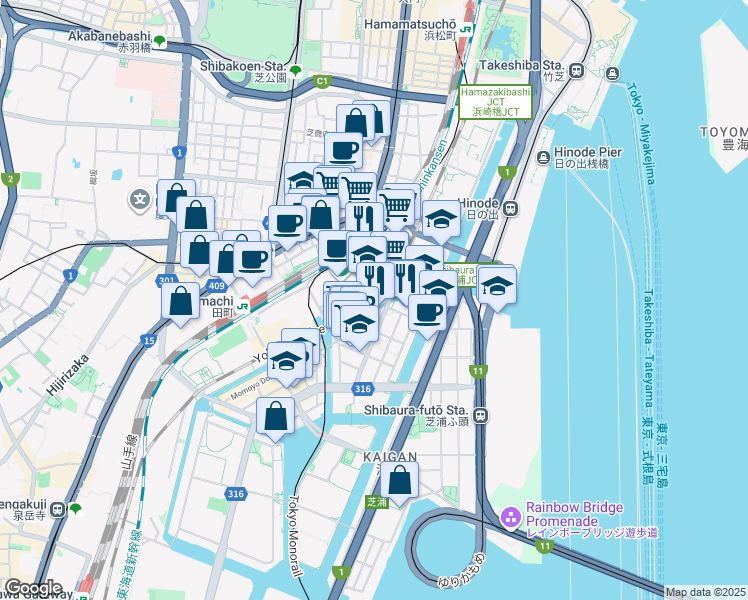 map of restaurants, bars, coffee shops, grocery stores, and more near in Minato City