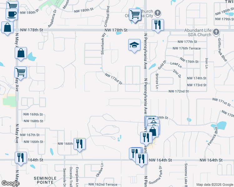 map of restaurants, bars, coffee shops, grocery stores, and more near 2312 Northwest 172nd Street in Edmond