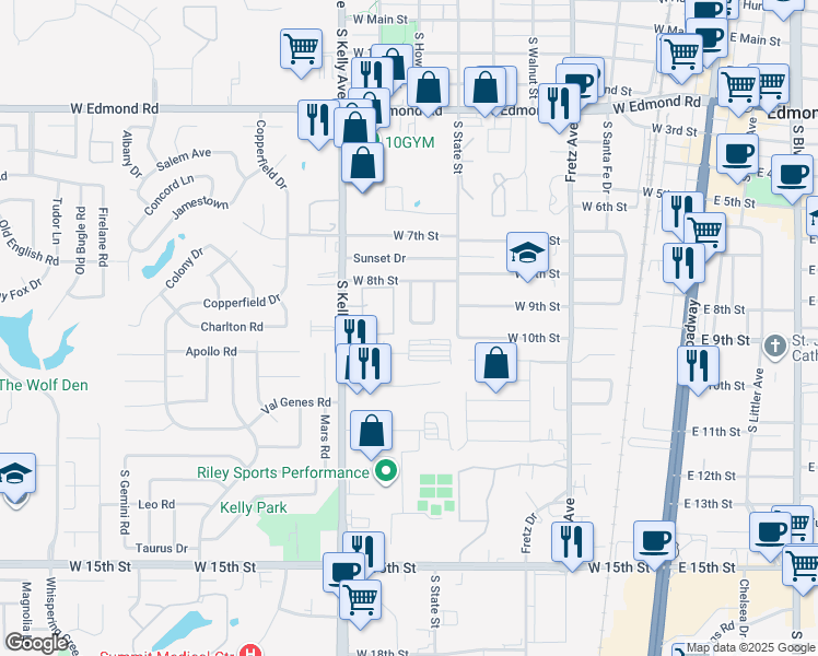 map of restaurants, bars, coffee shops, grocery stores, and more near 644 Howard Court in Edmond