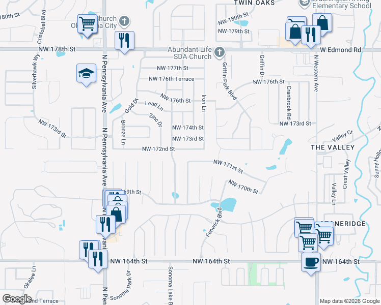 map of restaurants, bars, coffee shops, grocery stores, and more near 1716 Northwest 172nd Street in Edmond