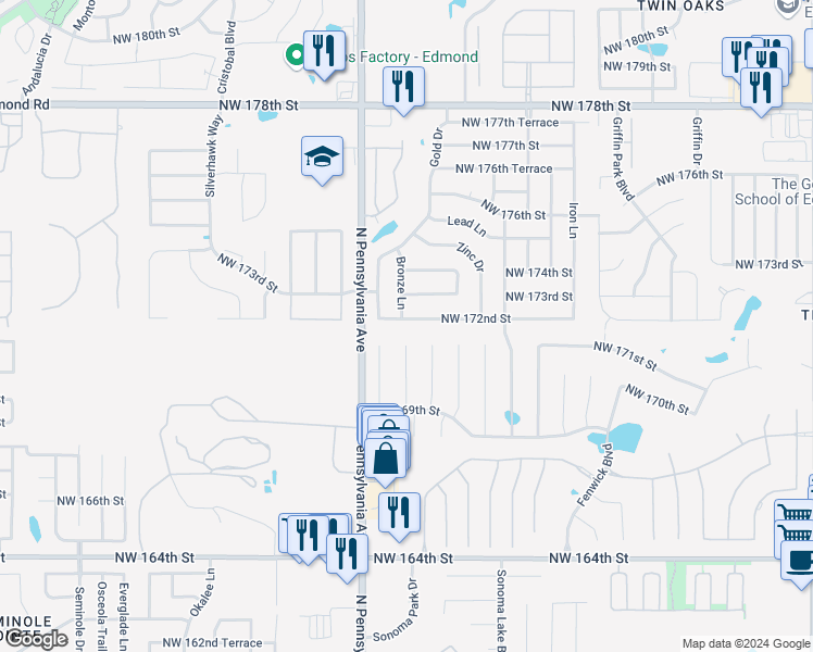 map of restaurants, bars, coffee shops, grocery stores, and more near 1940 Northwest 172nd Street in Edmond