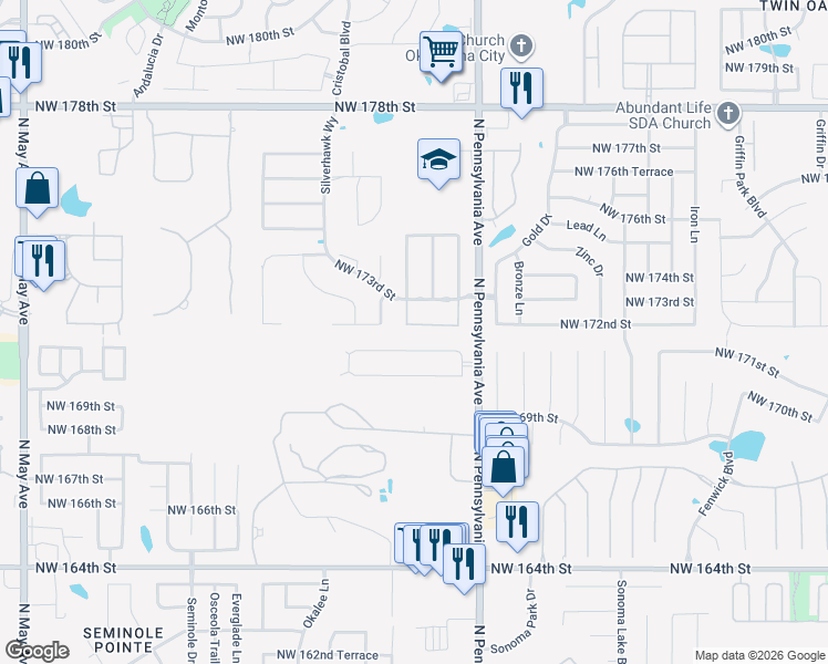 map of restaurants, bars, coffee shops, grocery stores, and more near 17301 Hawks Tree Lane in Edmond