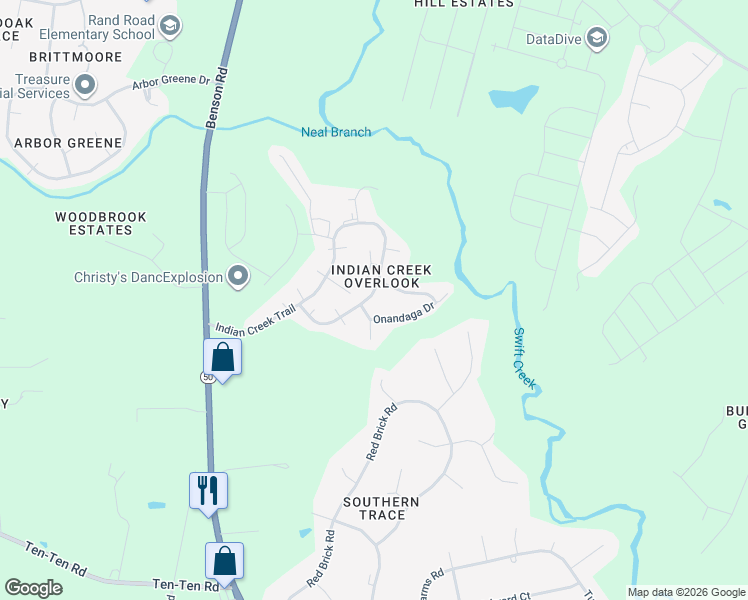 map of restaurants, bars, coffee shops, grocery stores, and more near 1209 Indian Creek Trail in Garner
