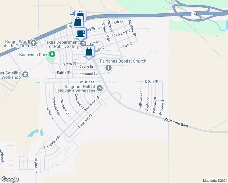 map of restaurants, bars, coffee shops, grocery stores, and more near 32 Adobe Trail in Borger