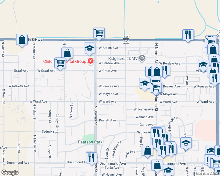 map of restaurants, bars, coffee shops, grocery stores, and more near 801 West Reeves Avenue in Ridgecrest