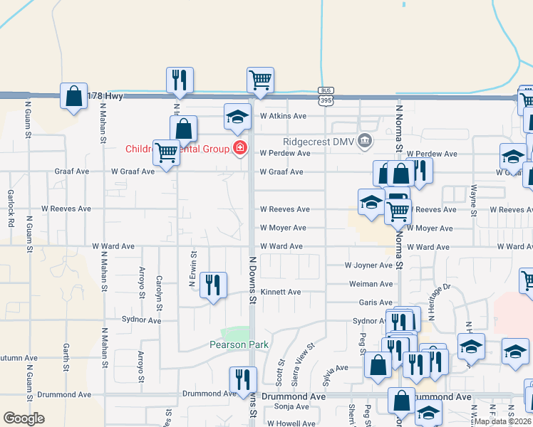 map of restaurants, bars, coffee shops, grocery stores, and more near 833 West Reeves Avenue in Ridgecrest