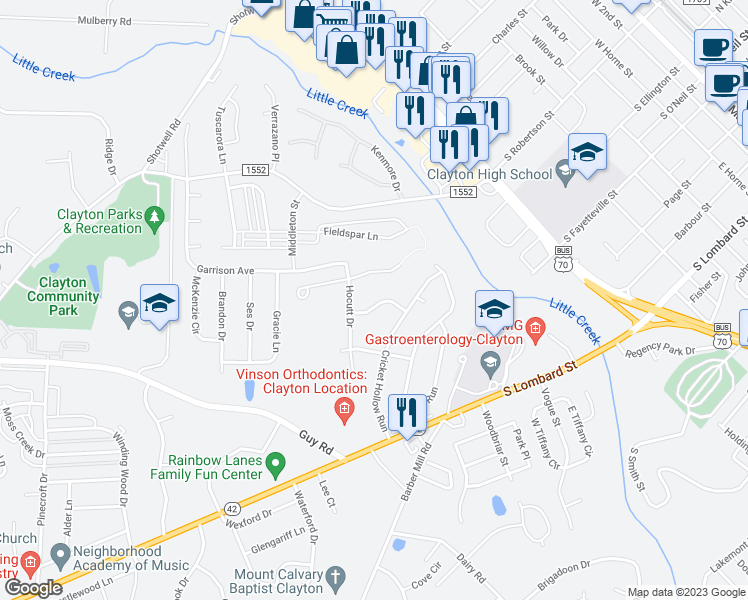 map of restaurants, bars, coffee shops, grocery stores, and more near 120 Biltmore Drive in Clayton