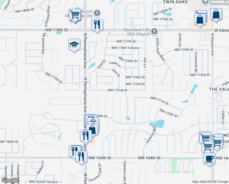 map of restaurants, bars, coffee shops, grocery stores, and more near 1844 Northwest 172nd Street in Edmond