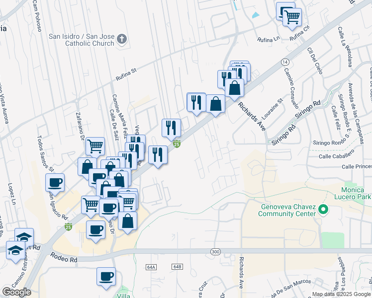 map of restaurants, bars, coffee shops, grocery stores, and more near 3470 Cerrillos Road in Santa Fe